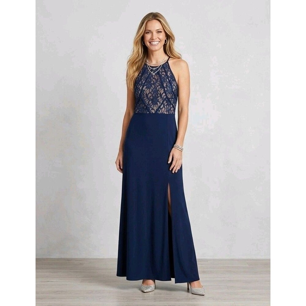 ​Morgan & Co. Womens 18W Navy Blue Lace Shimmer High Neck Halter Maxi Gown Slit